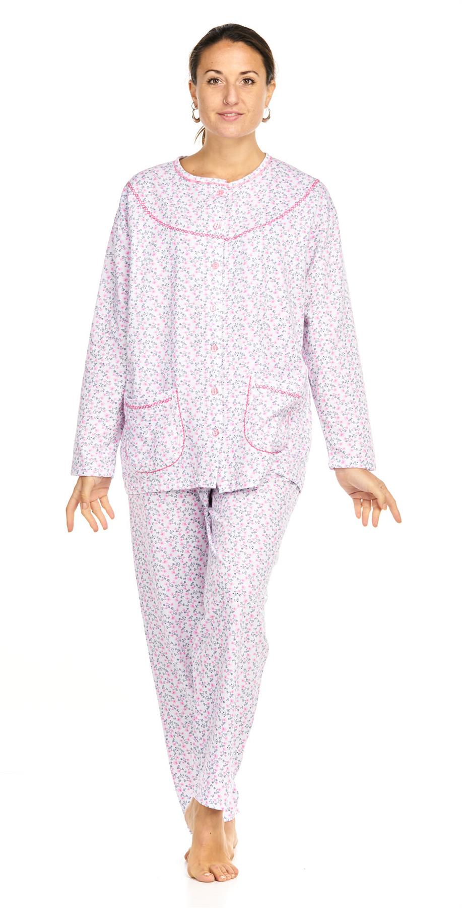 Ladies Pyjama Set Thermal Warm Floral Long Sleeve Buttons Pockets Loungewear