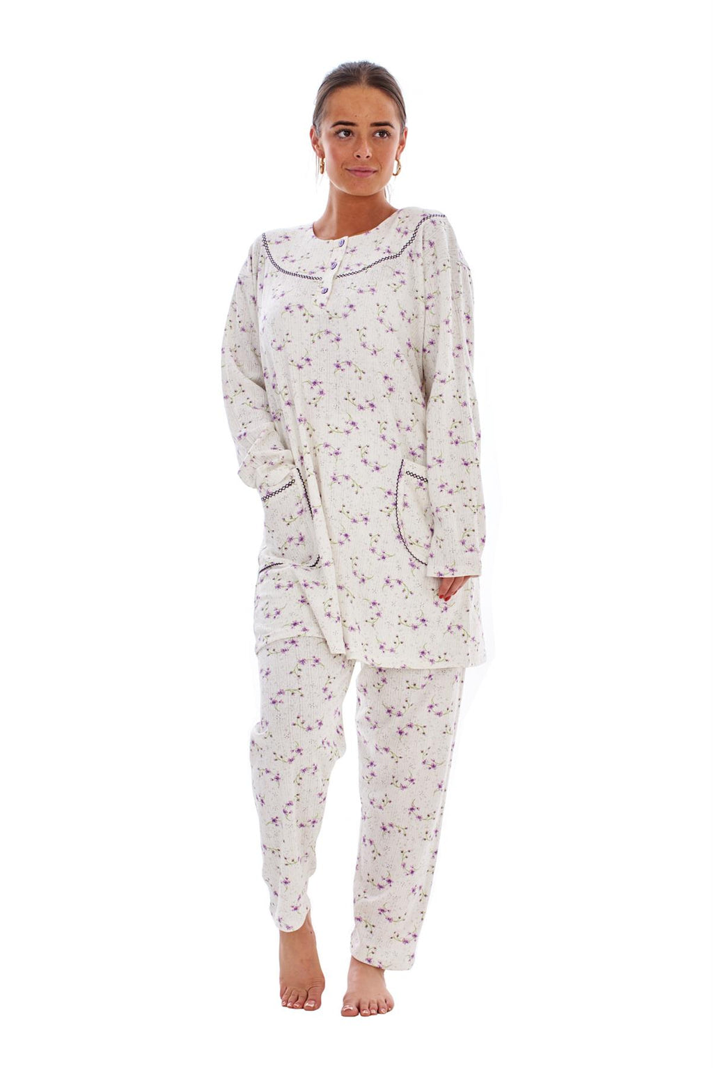 Ladies Winter Pyjama Set Floral Long Sleeve Button Thermal Warm Soft Loungewear