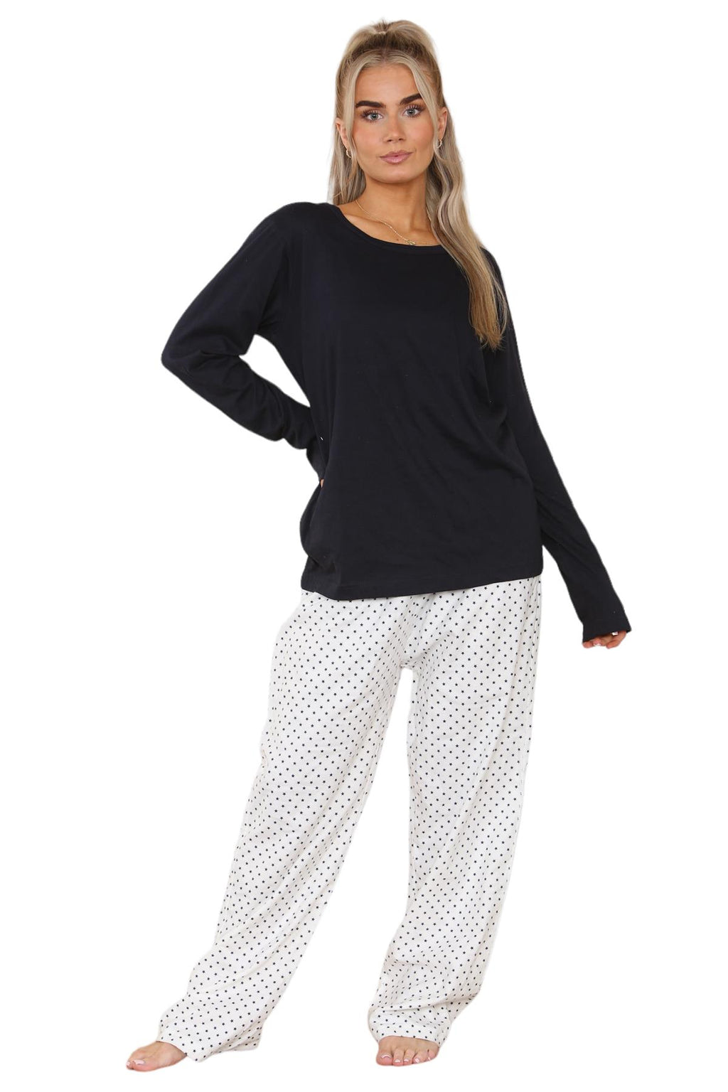 Ladies Pyjama Set Flannel Cotton Star Long Sleeve Crew Neck Winter Loungewear