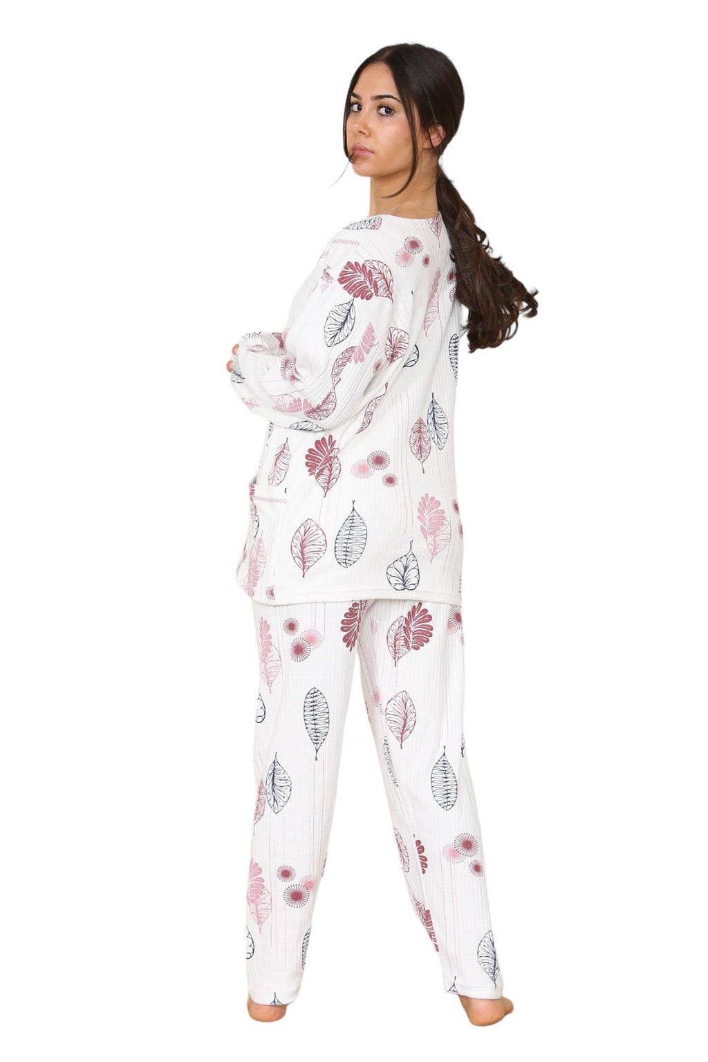 Womens Cotton Pyjamas Set Long Sleeve Leaf Print Thermal Loungewear Nightwear UK