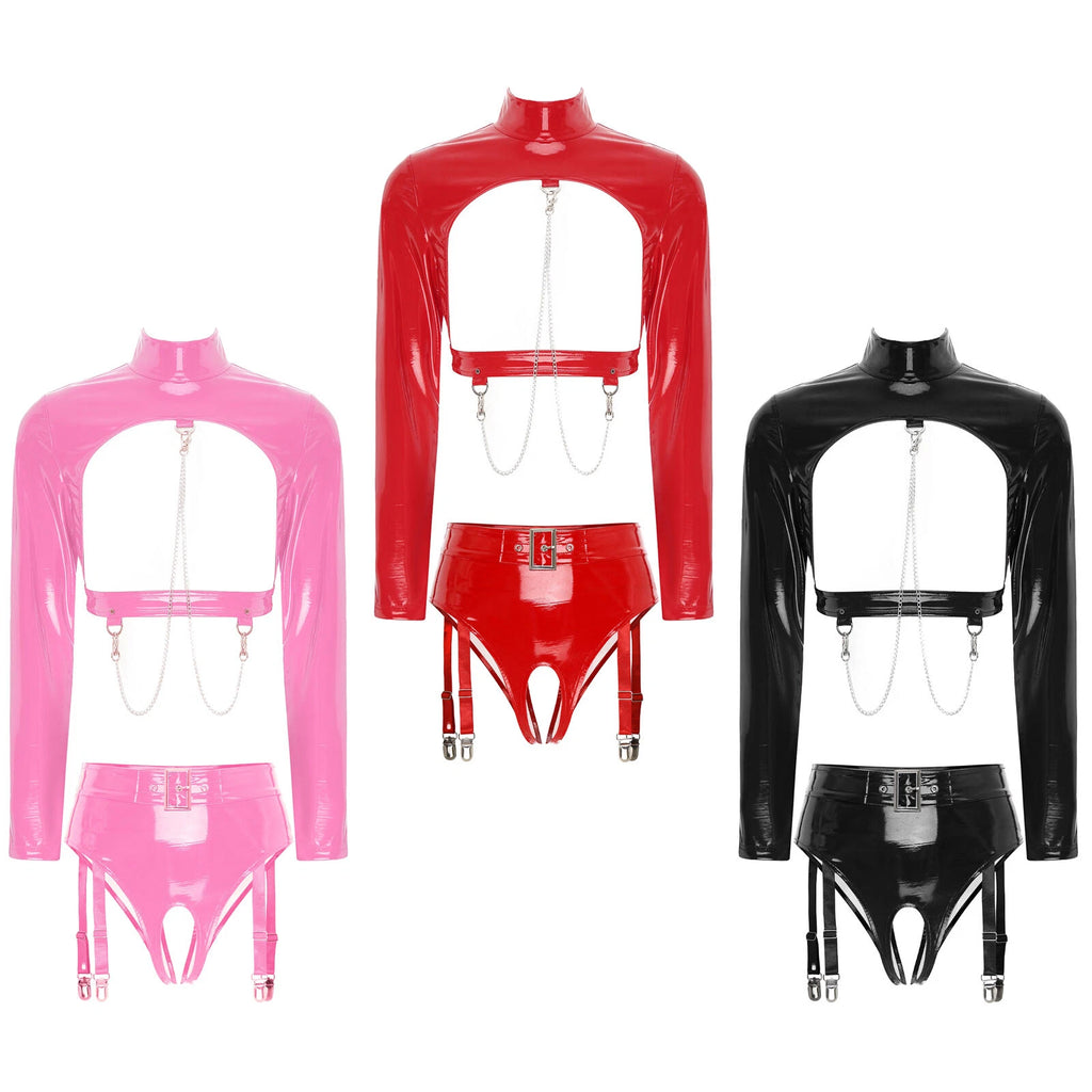 Womens Underwear Wet Look Lingerie Mock Neck Bar Sexy Sleepwear Babydoll 2pcs