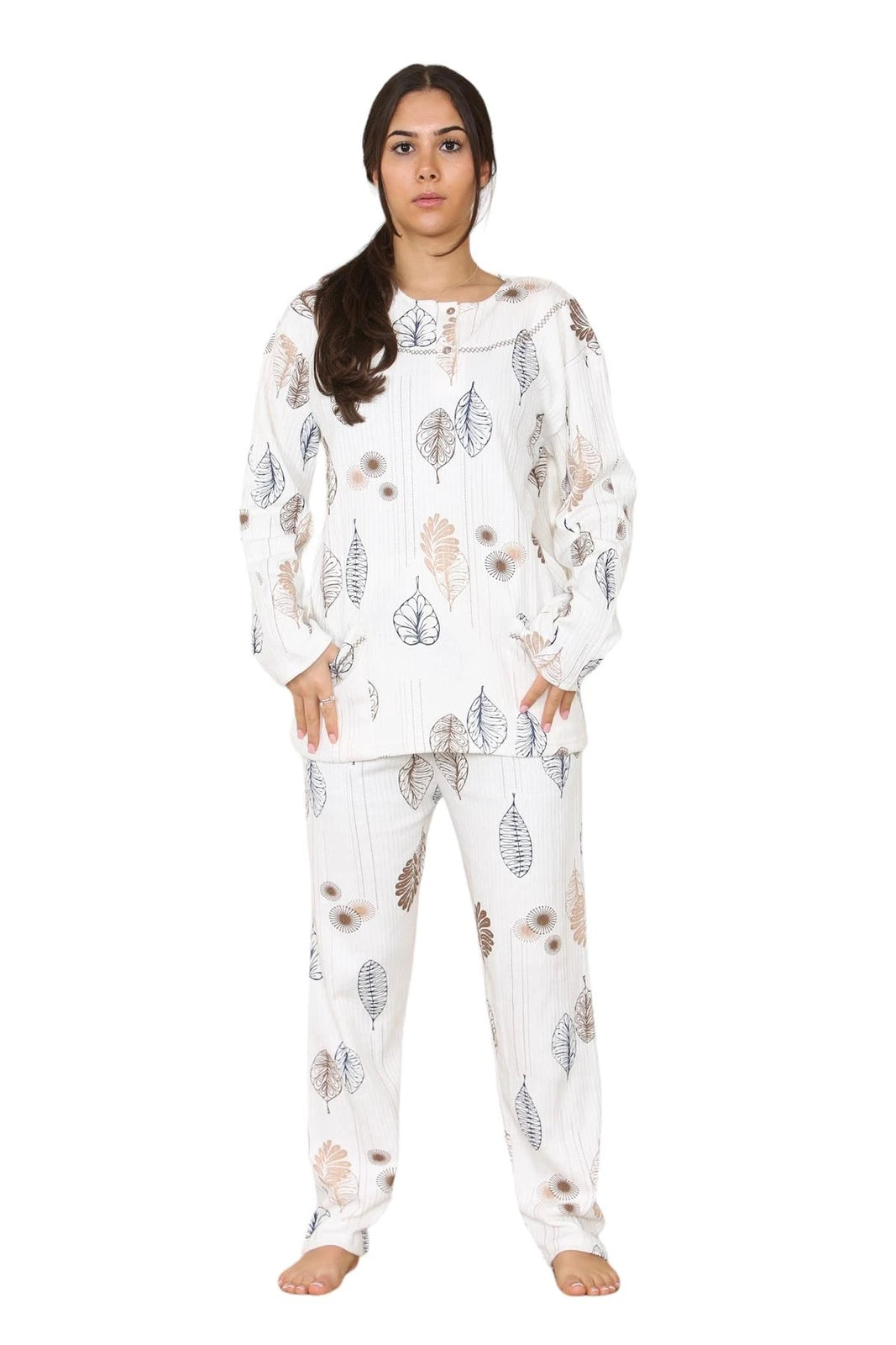 Womens Cotton Pyjamas Set Long Sleeve Leaf Print Thermal Loungewear Nightwear UK