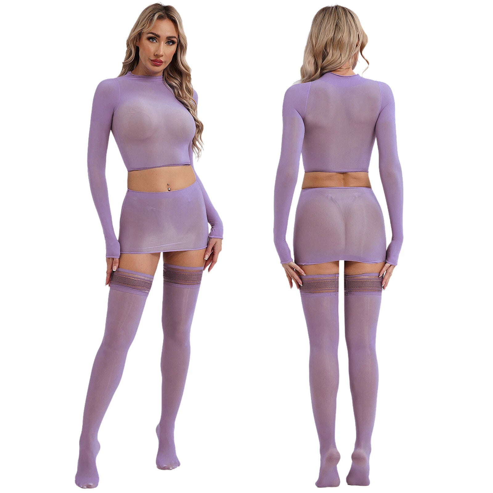 Womens Crop Top And Skirt With Stockings Round Neck Nightwear Tempting Glossy