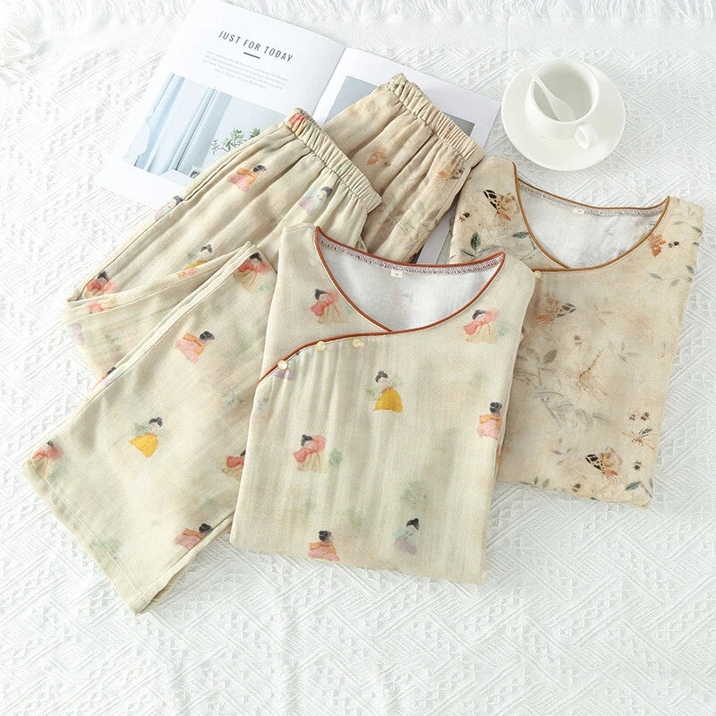 Chinese style Women's Bamboo Fiber Hanfu Summer Long Sleeved Topa & Pants Set