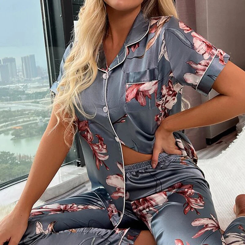 Women's Silk Satin Pajamas Set Short Sleeve Print Sleepwear Nightwear Pyjamas PJ