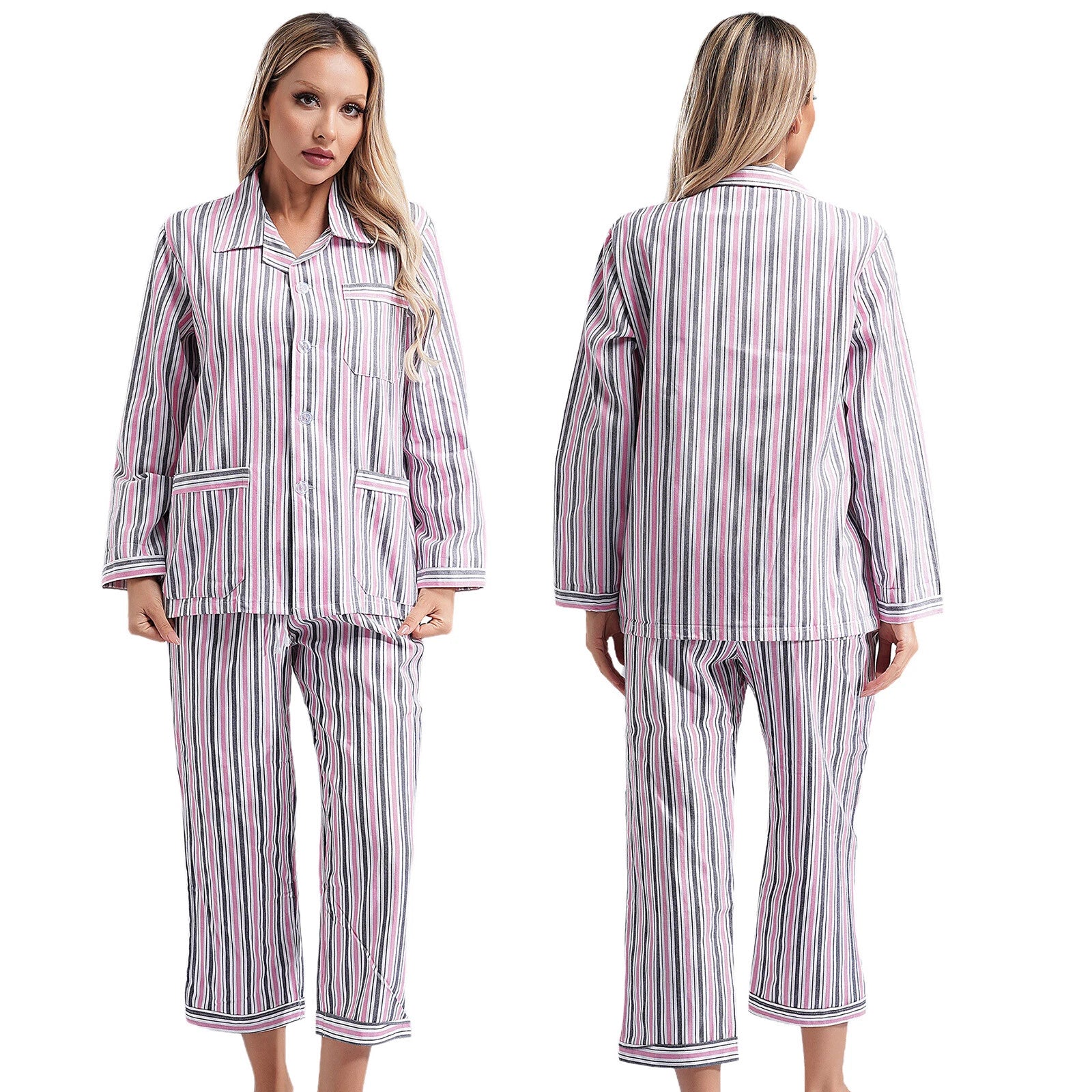 Womens Sleepwear Casual Loungewear Multiple Pockets Pajama Set Button Down Soft