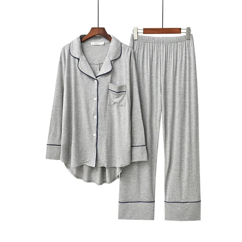 2PCS Pajama Sets Women Long Sleeve Solid Loose Breathable Soft Lady Suit Womens