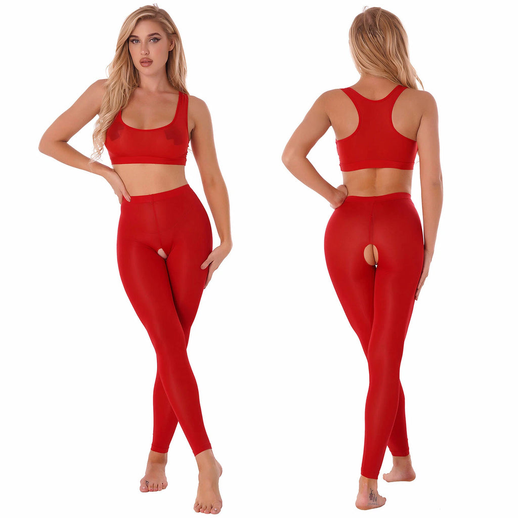 Women 2pcs Lingerie Set Sleeveless Crop Top High Waist Crotchless Leggings Pants