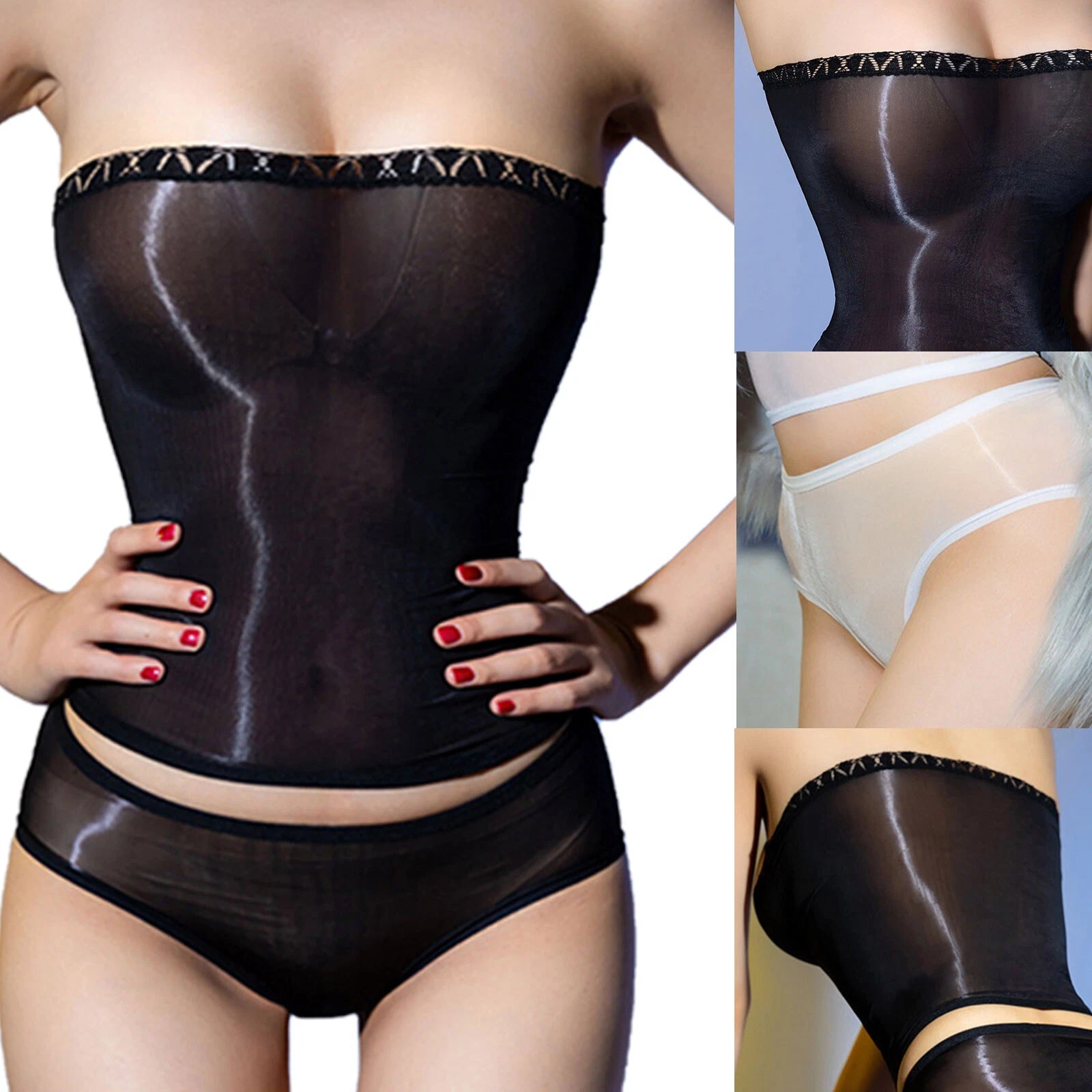 Womens See Through Lingerie Set Sexy Strapless Top  with Thongs Glossy Underwear