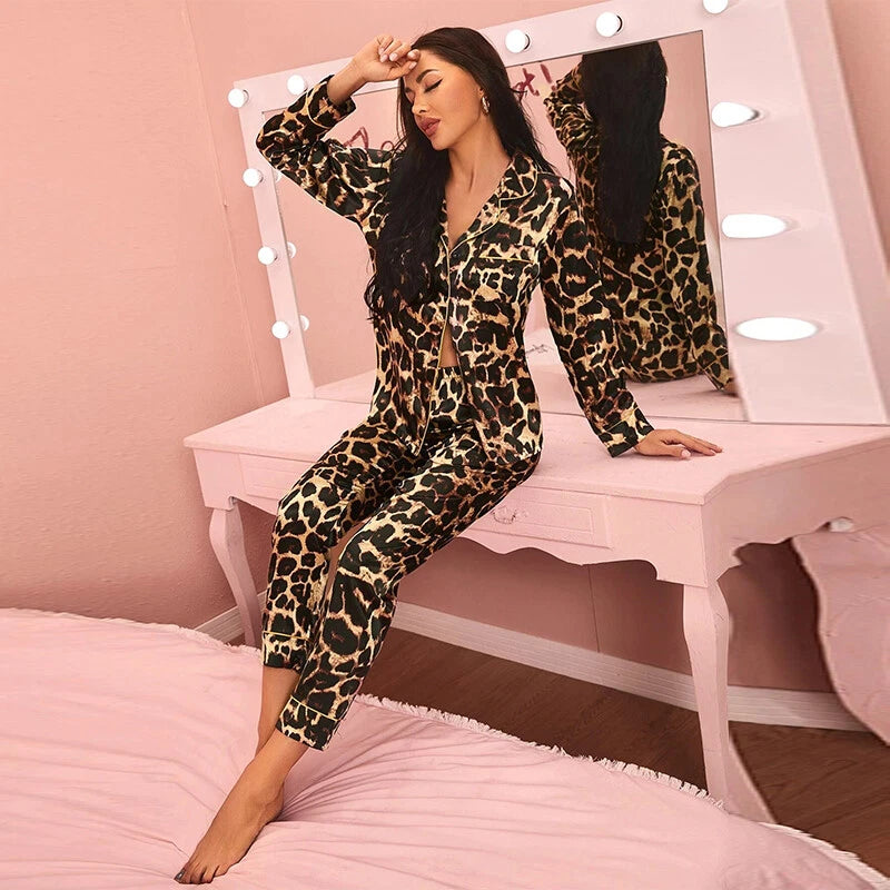 Women Silk Satin Pajamas Set Long Sleeve Button-Down Sleepwear Loungewear Charm