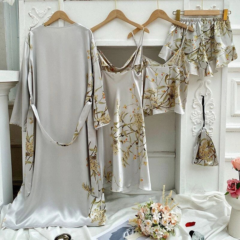 2023 Printed bathrobe pajamas, summer 4-piece set, women's sexy kimono