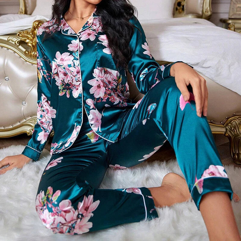 Women Silk Satin Pajamas Set Long Sleeve Button-Down Sleepwear Loungewear Charm