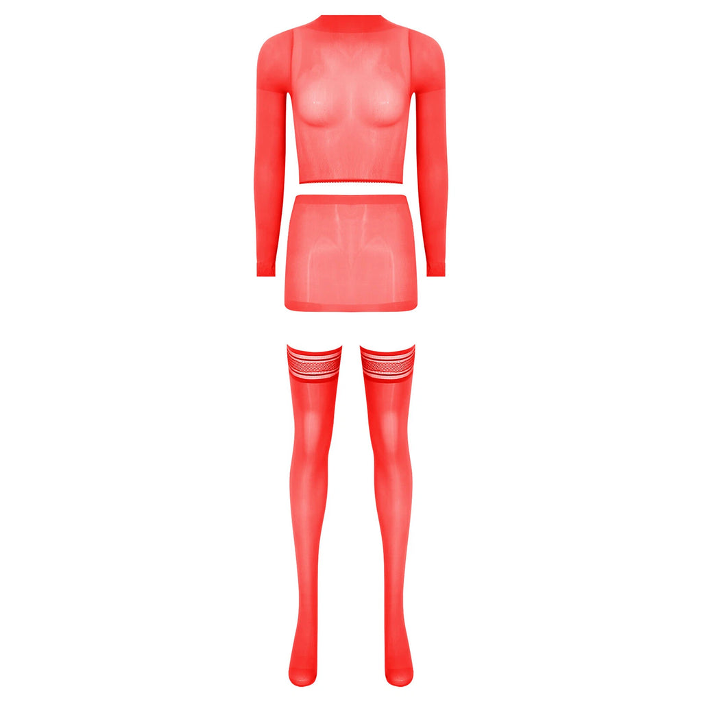 Womens Crop Top And Skirt With Stockings Round Neck Nightwear Tempting Glossy