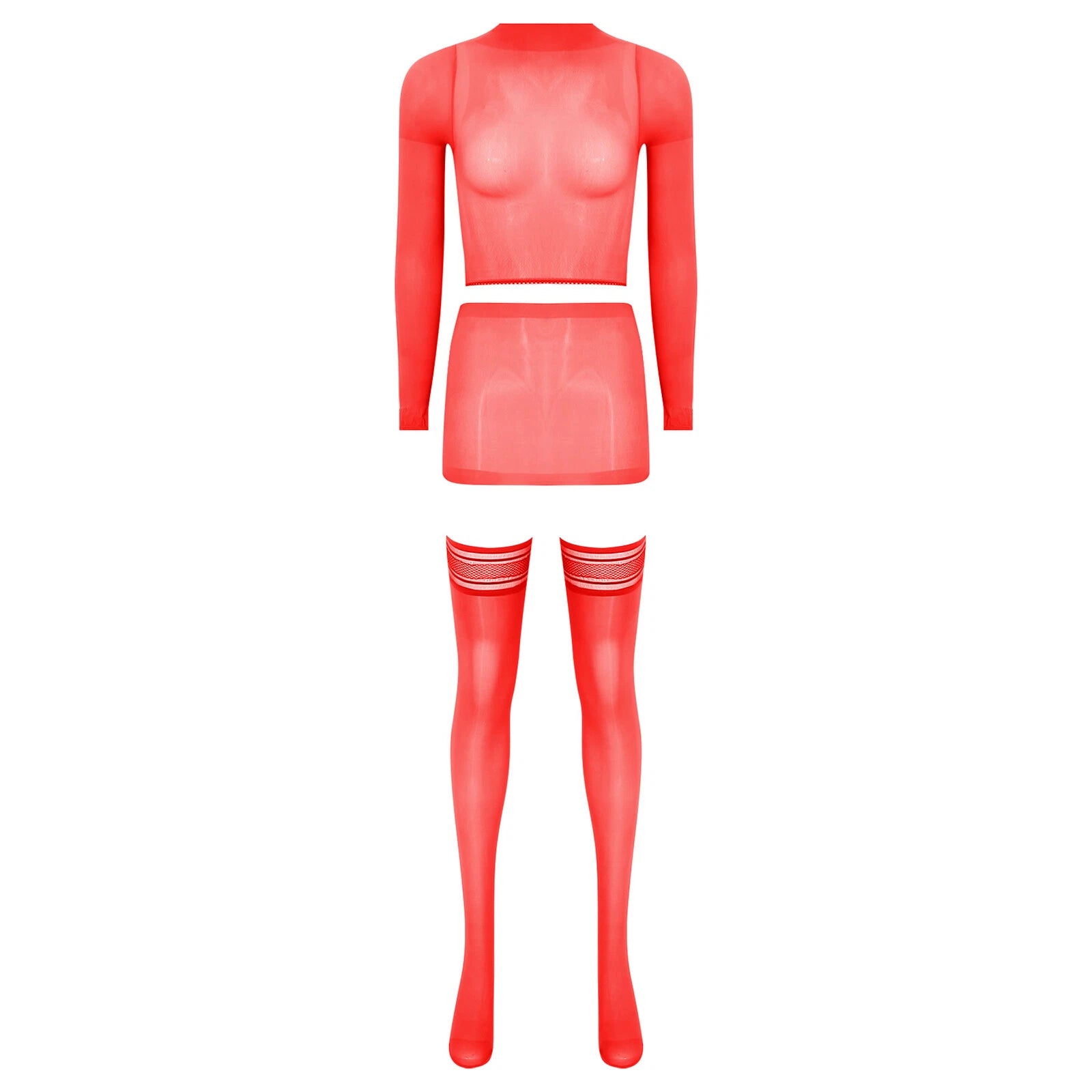 Womens Crop Top And Skirt With Stockings Round Neck Nightwear Tempting Glossy