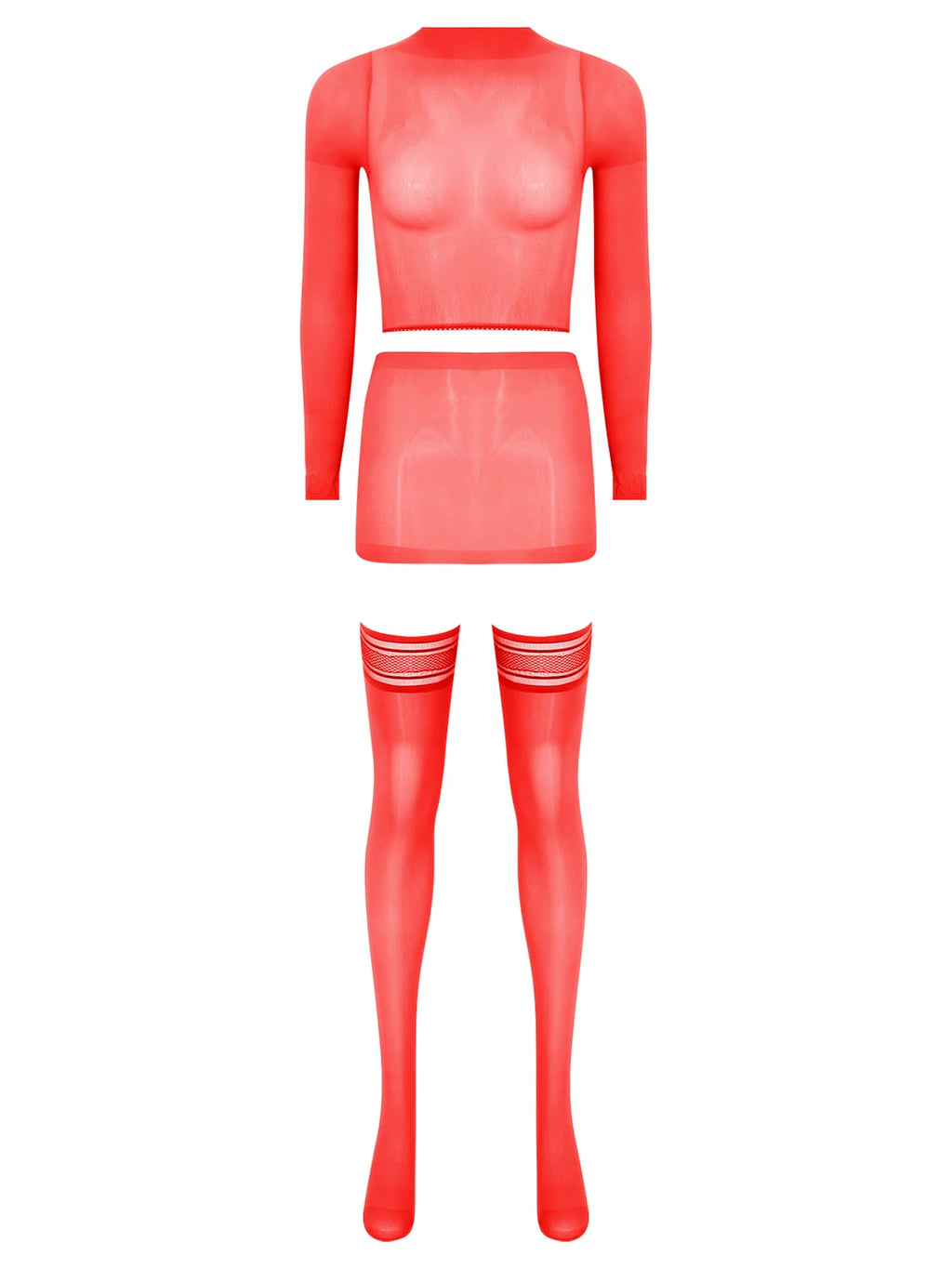 Womens Crop Top And Skirt With Stockings Round Neck Nightwear Tempting Glossy