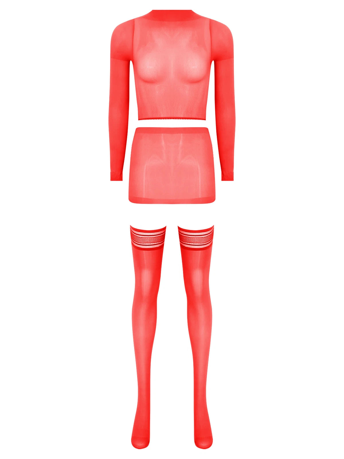 Womens Crop Top And Skirt With Stockings Round Neck Nightwear Tempting Glossy