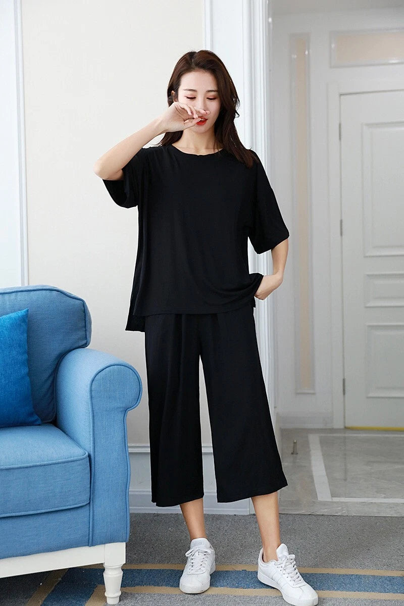 Plus Size XL 150KG Women Modal Pajamas Sets Short Sleeve Top + Calf-Length Pants