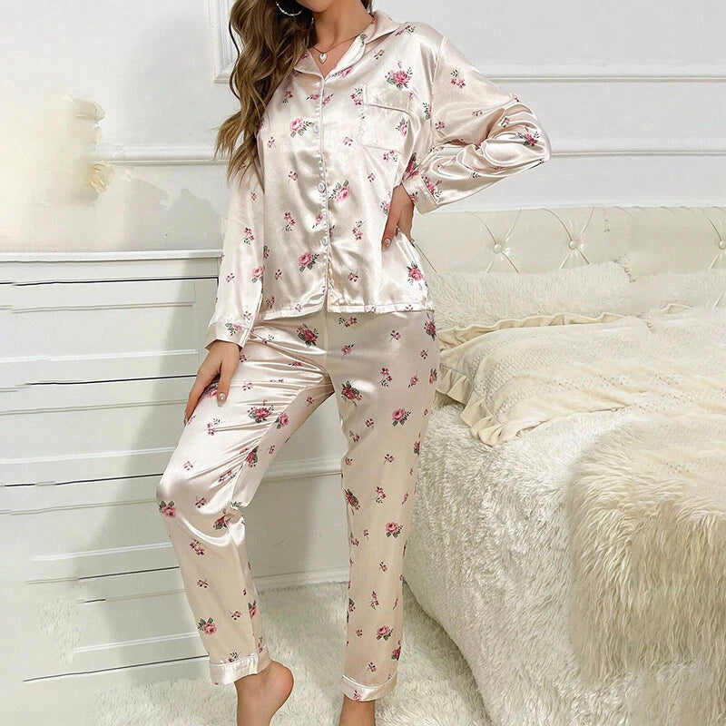Women Silk Satin Pajamas Set Long Sleeve Button-Down Sleepwear Loungewear Charm