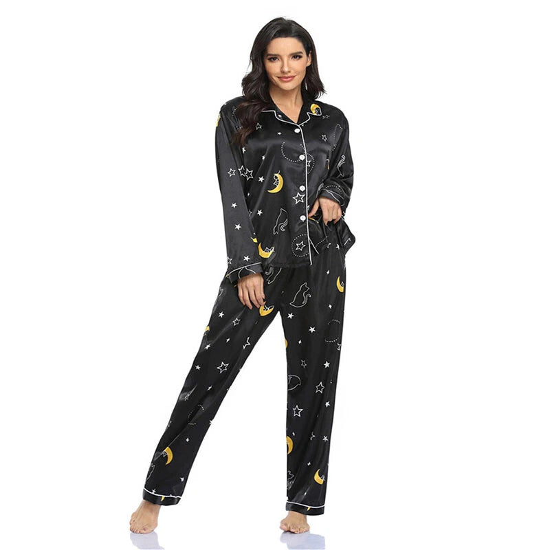 Women Silk Satin Pajamas Set Long Sleeve Button-Down Sleepwear Loungewear Charm