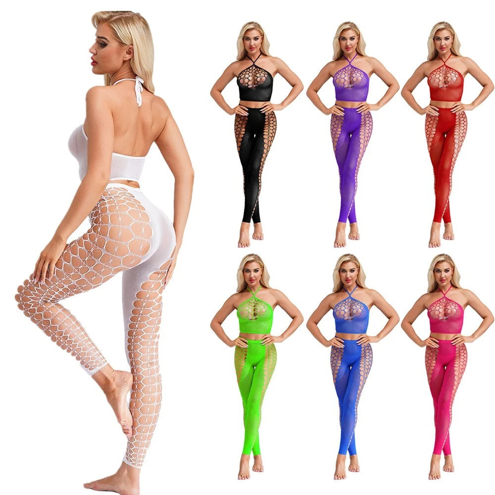 Womens Hollow Out Translucent Lingerie Set Stretchy Fishnet Solid Color Tights