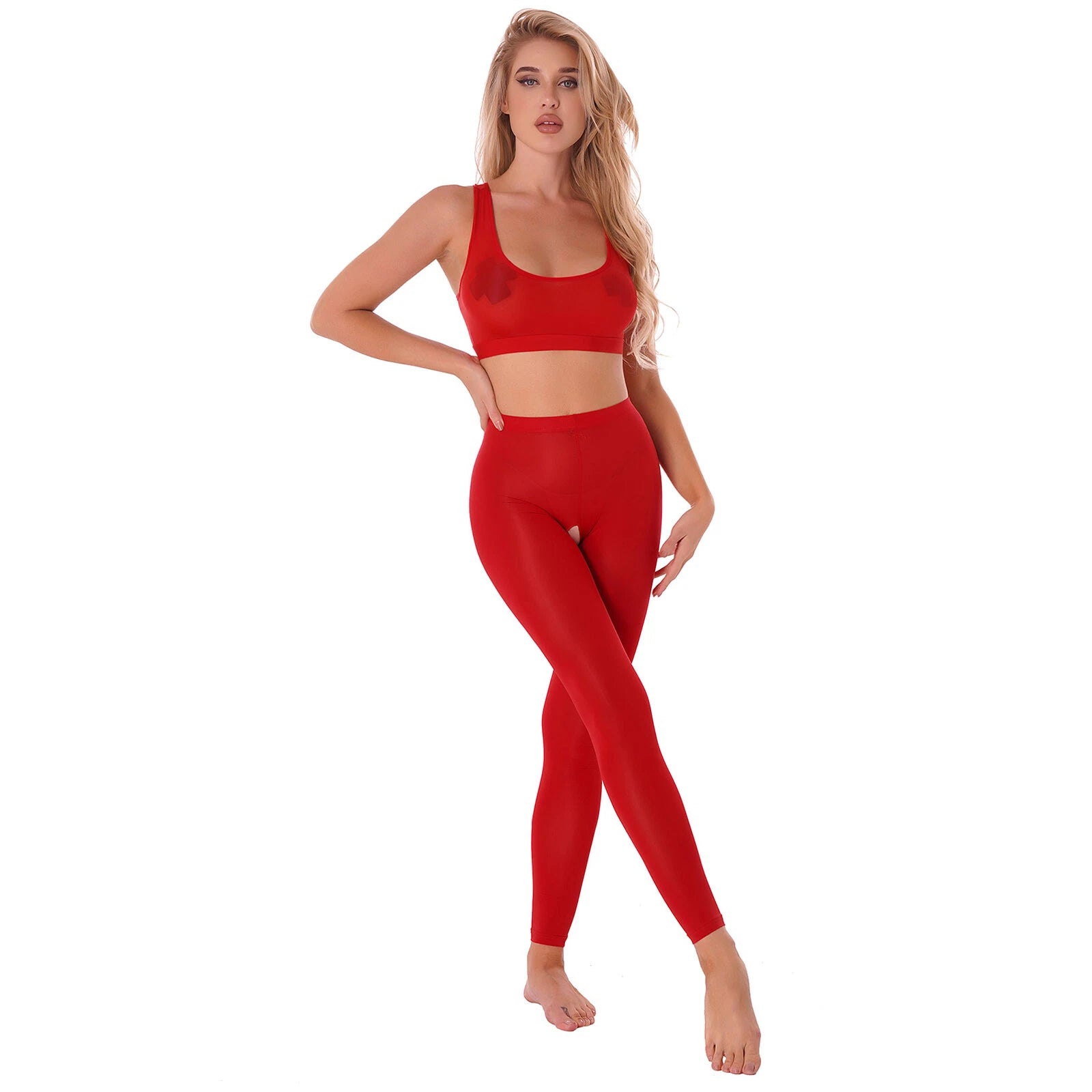 Women 2pcs Lingerie Set Sleeveless Crop Top High Waist Crotchless Leggings Pants
