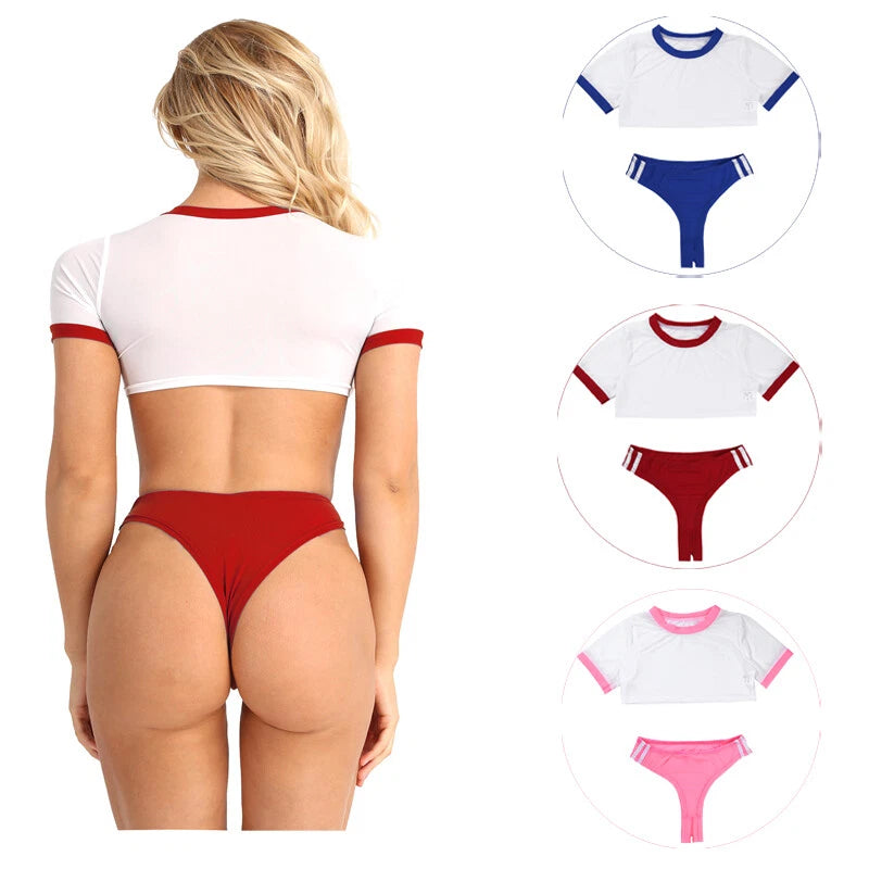 Women Naughty Schoolgirls Lingerie Set Crop Top with Crotchless Briefs AU