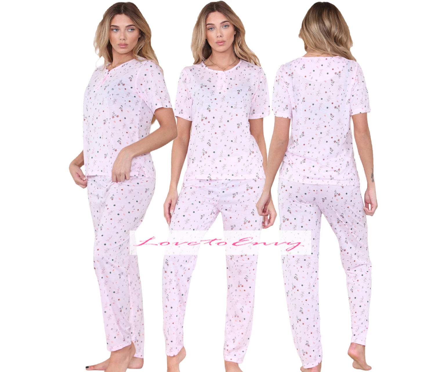 PJ Set Ladies Short Sleeve Flower Print Pyjama Set Cotton Blend Womens Nightwear