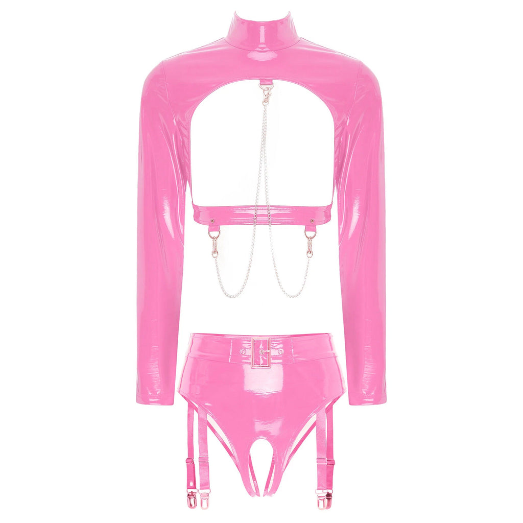 Womens Bar Set Lingerie Romper Underwear Crop Top Sleepwear Patent Leather 2pcs