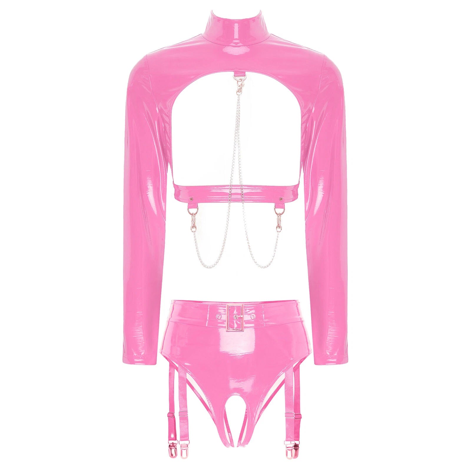 Womens Bar Set Lingerie Romper Underwear Crop Top Sleepwear Patent Leather 2pcs