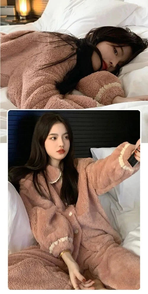 2 Pieces /Sets Winter Pajamas  Flannel Coral Long Sleeve  Suit Kawaii Velvet