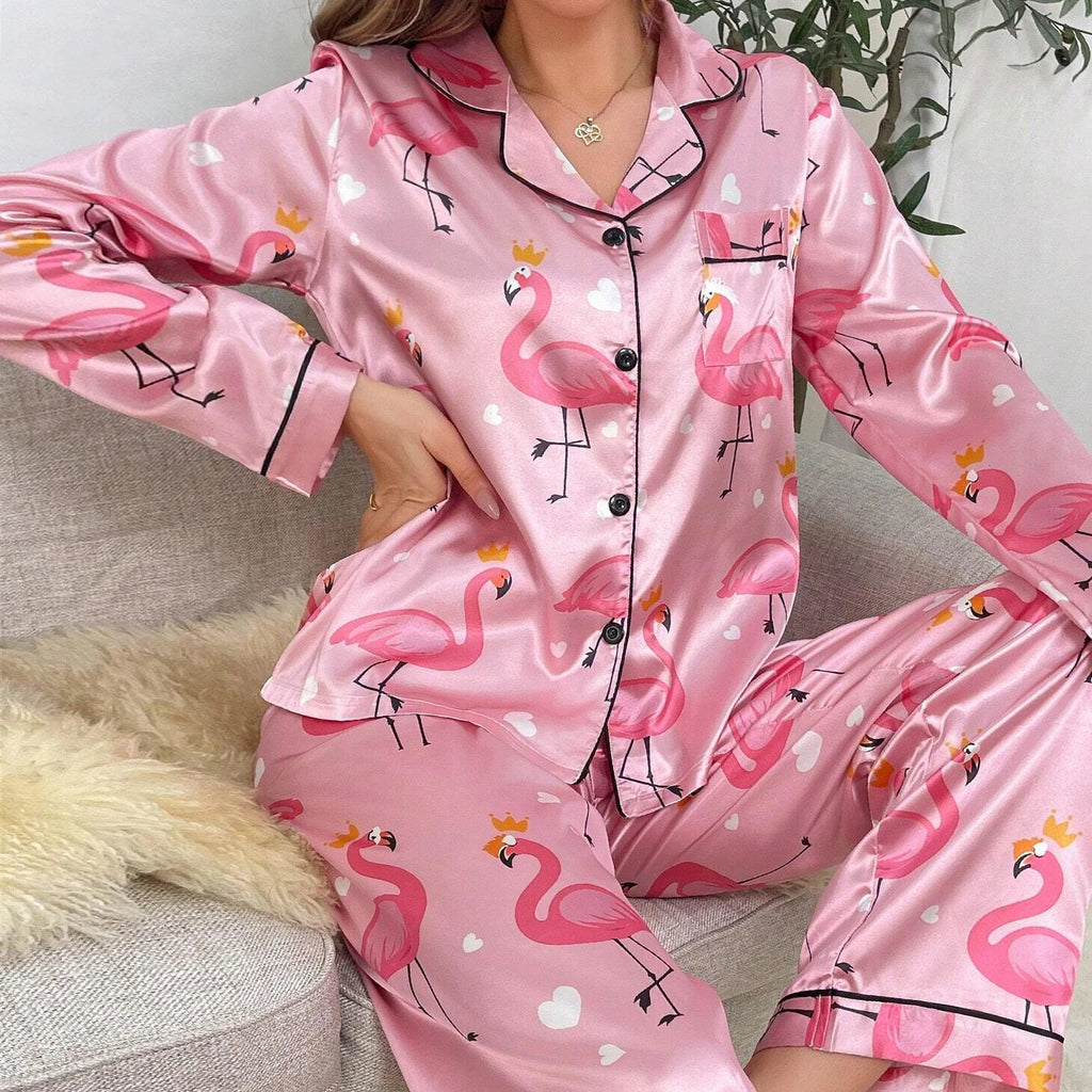 Women Silk Satin Pajamas Set Long Sleeve Button-Down Sleepwear Loungewear Charm