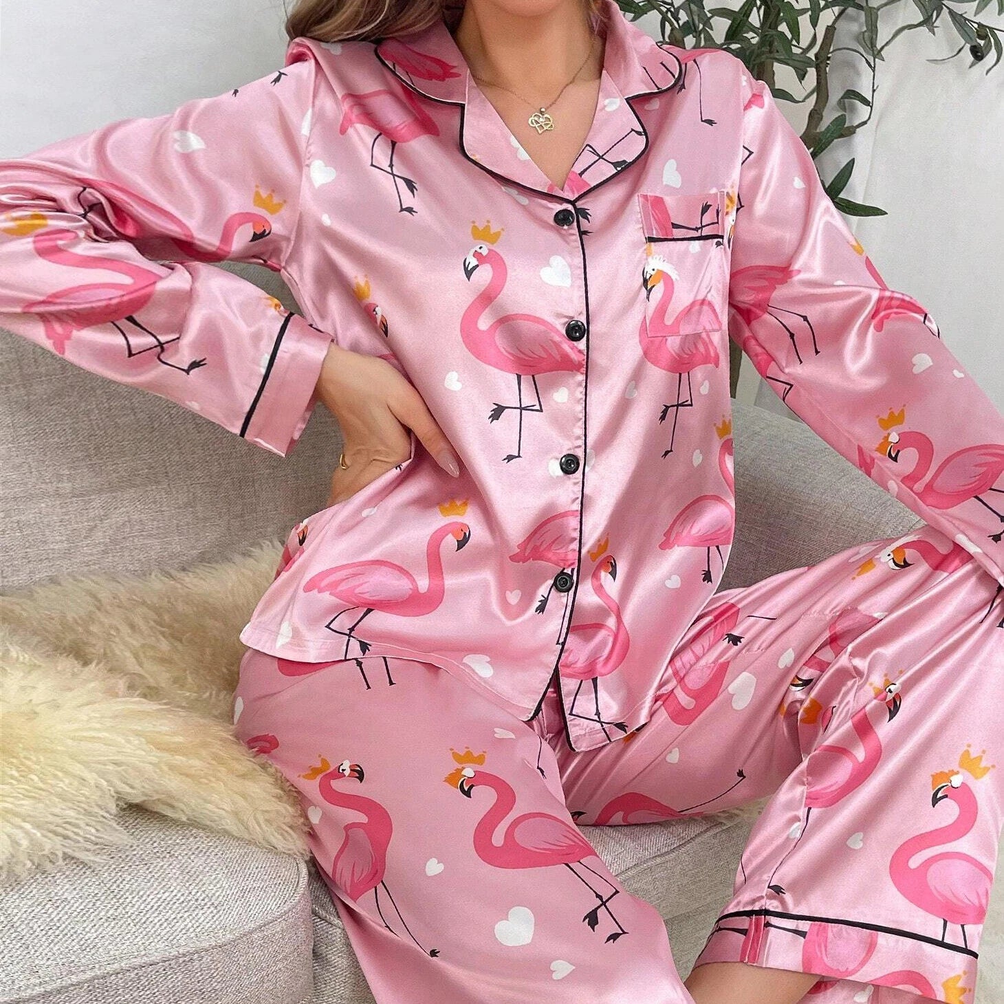 Women Silk Satin Pajamas Set Long Sleeve Button-Down Sleepwear Loungewear Charm