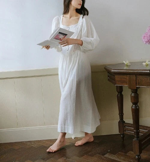 Sleepwear Lantern Sleeve Nightgown Pyjamas.Lady French Style Embroidered Flowers