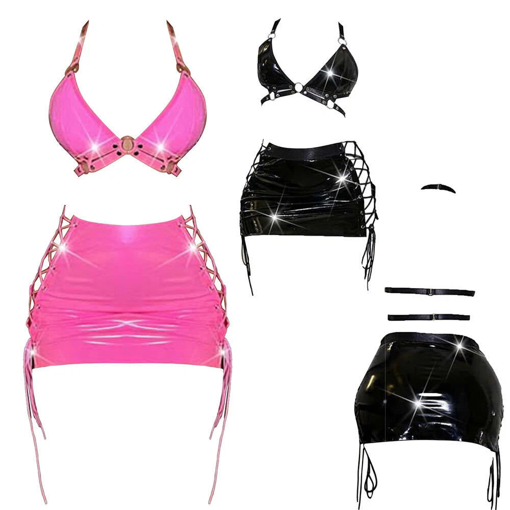 Womens Lingerie Sexy Set Role Play Mini Skirt Wet Look Sleepwear Camisole Bra