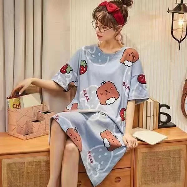 Summer Women's Sleep Shirt Dress Short Sleeve Cotton Casual Nightwear Pajama Set
