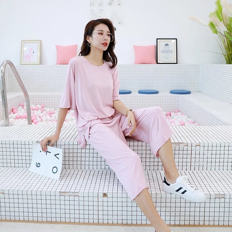 Plus Size XL 150KG Women Modal Pajamas Sets Short Sleeve Top + Calf-Length Pants