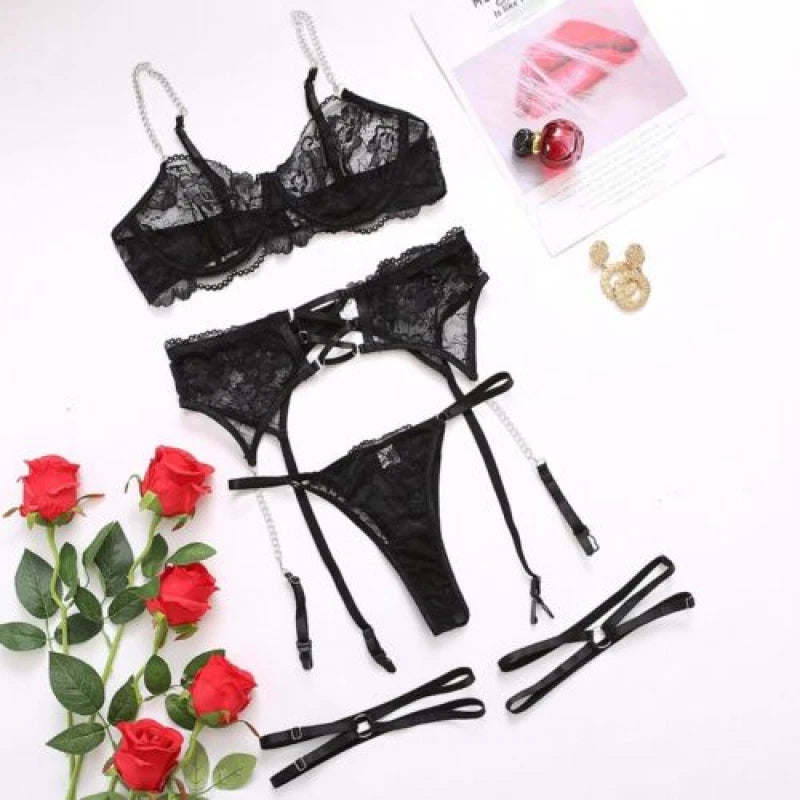 Sexy Women Lingerie Flower Lace Bra Panties Garter Belt Underwear Nightwear Set