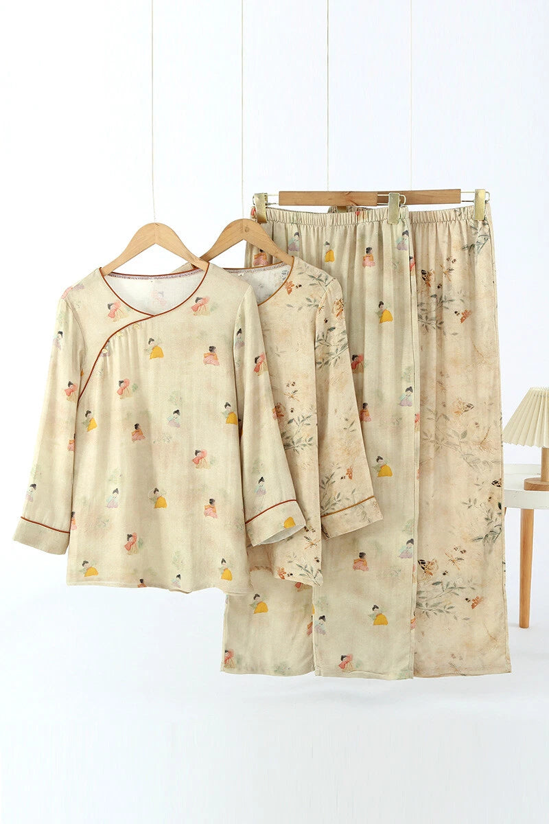 Chinese style Women's Bamboo Fiber Hanfu Summer Long Sleeved Topa & Pants Set