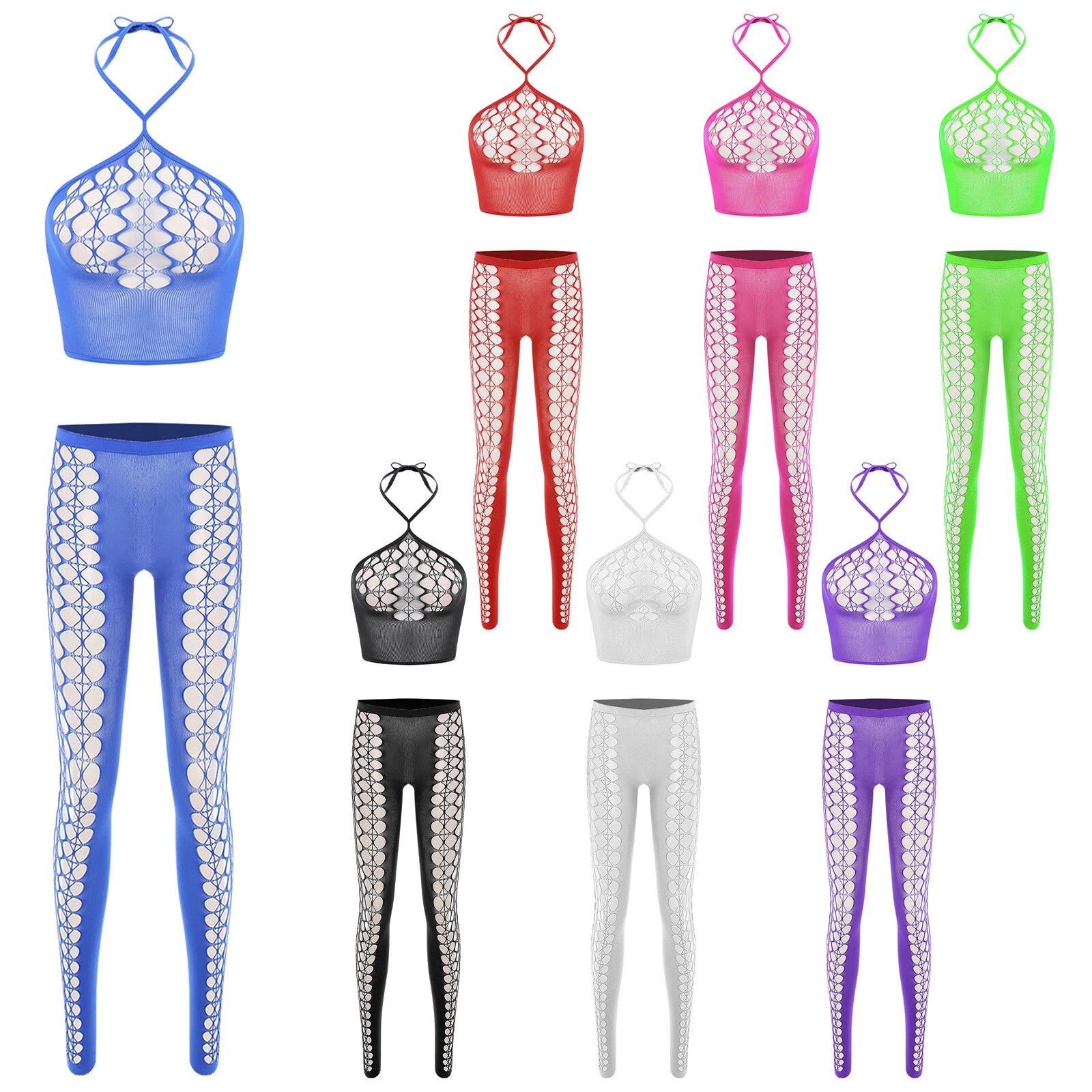 Womens Hollow Out Translucent Lingerie Set Stretchy Fishnet Solid Color Tights