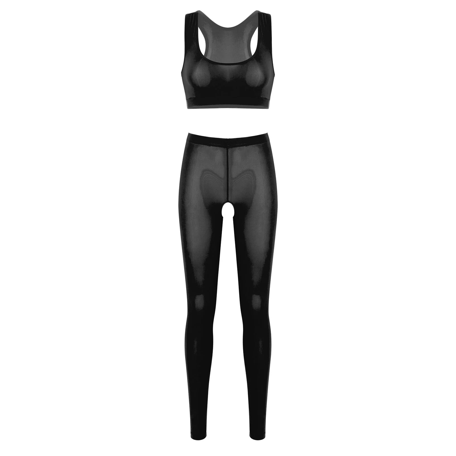 Women 2pcs Lingerie Set Sleeveless Crop Top High Waist Crotchless Leggings Pants