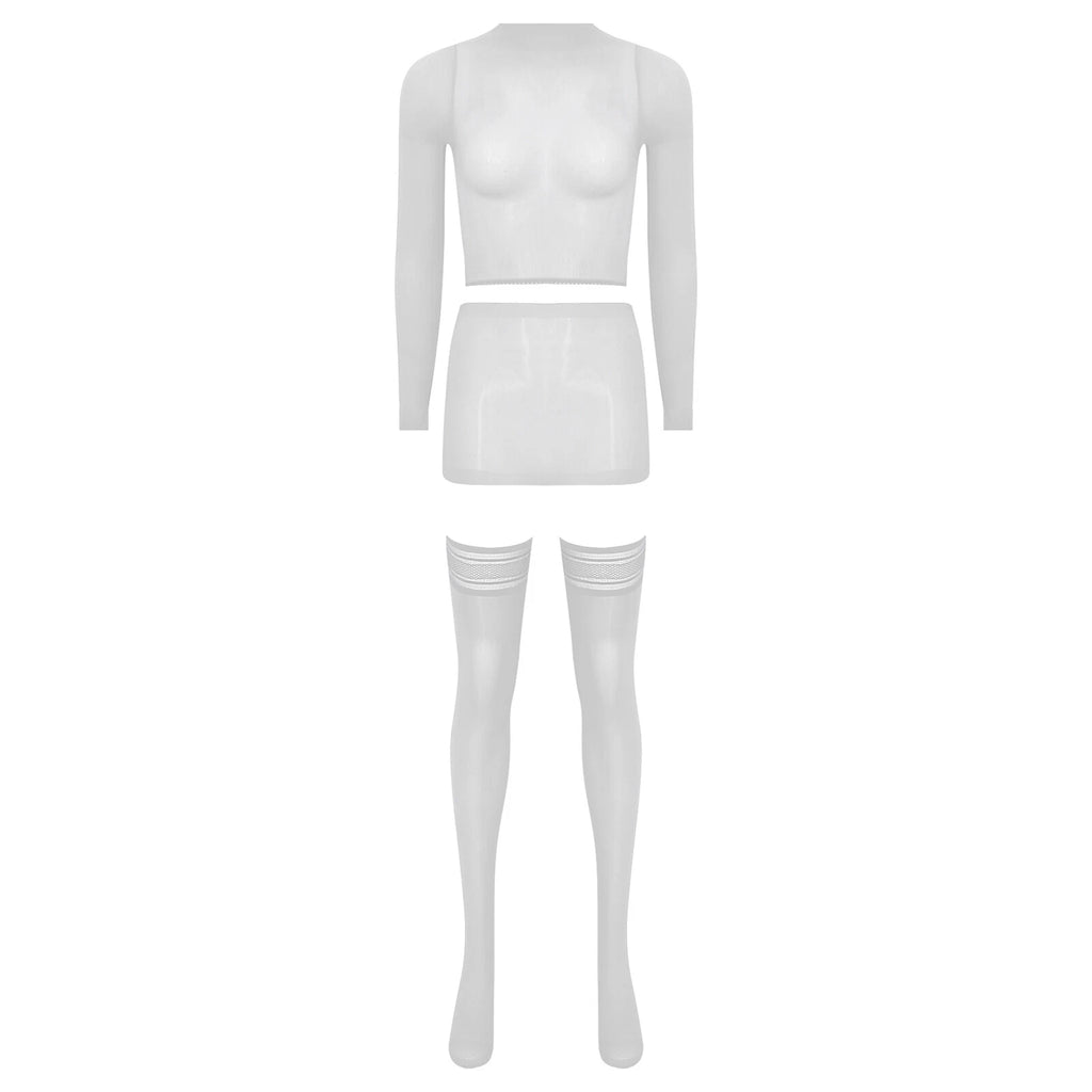 Womens Crop Top And Skirt With Stockings Round Neck Nightwear Tempting Glossy