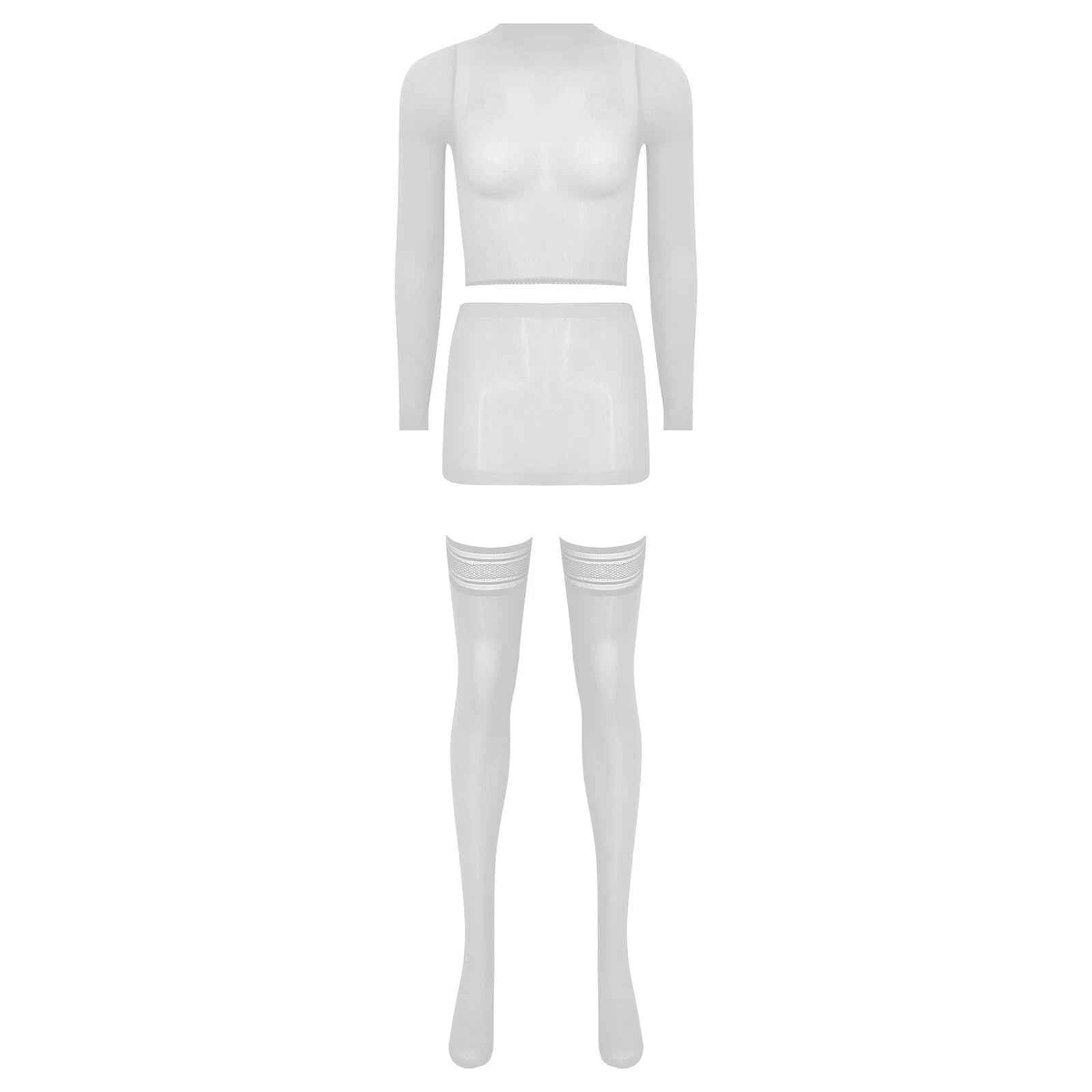 Womens Crop Top And Skirt With Stockings Round Neck Nightwear Tempting Glossy