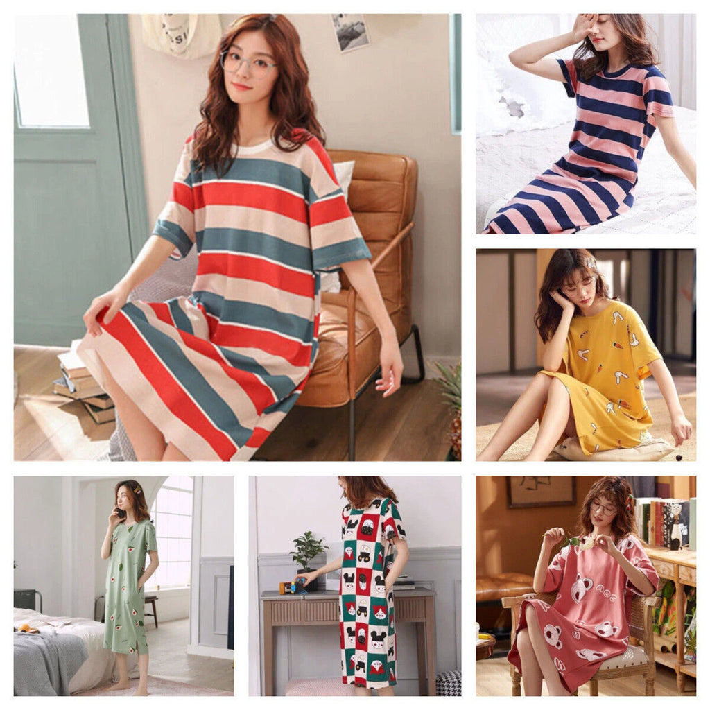 Summer Women's Sleep Shirt Dress Short Sleeve Cotton Casual Nightwear Pajama Set