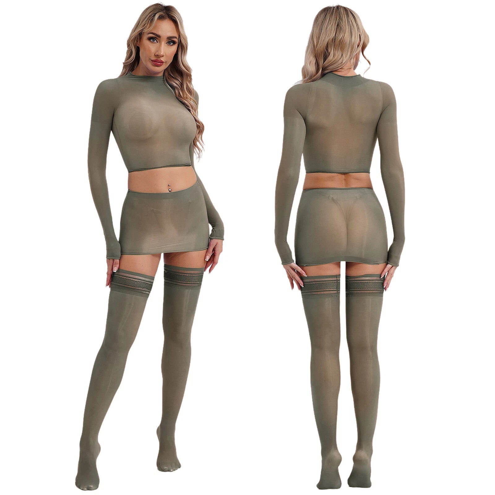Womens Crop Top And Skirt With Stockings Round Neck Nightwear Tempting Glossy