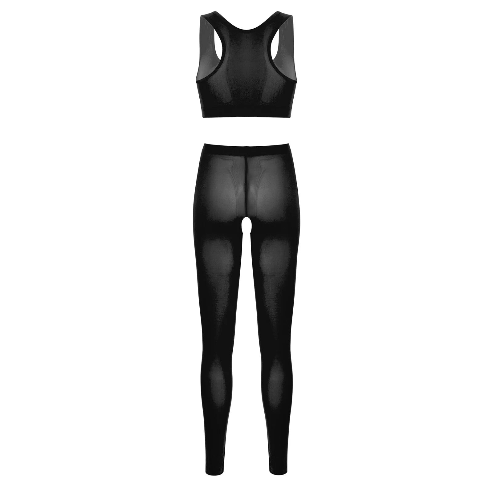 Women 2pcs Lingerie Set Sleeveless Crop Top High Waist Crotchless Leggings Pants