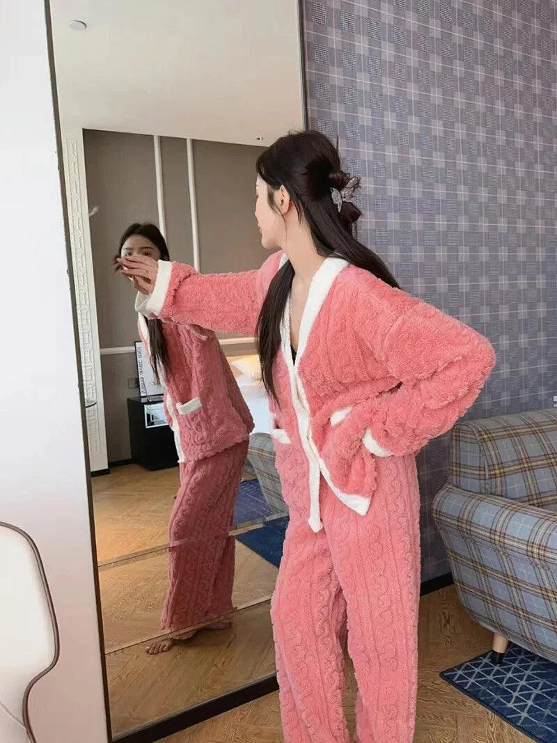 2pcs/Set Autumn and Winter Pajamas Women Thickened Padded Warm Students Girls