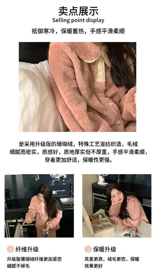 2 Pieces /Sets Winter Pajamas  Flannel Coral Long Sleeve  Suit Kawaii Velvet