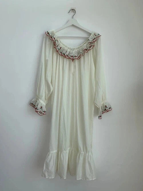 Vintage Women Sleepwear LadiesStrawberry Embroidery Lace  Semitransparent Dress