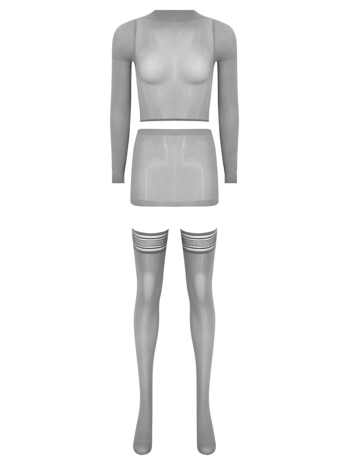 Womens Crop Top And Skirt With Stockings Round Neck Nightwear Tempting Glossy