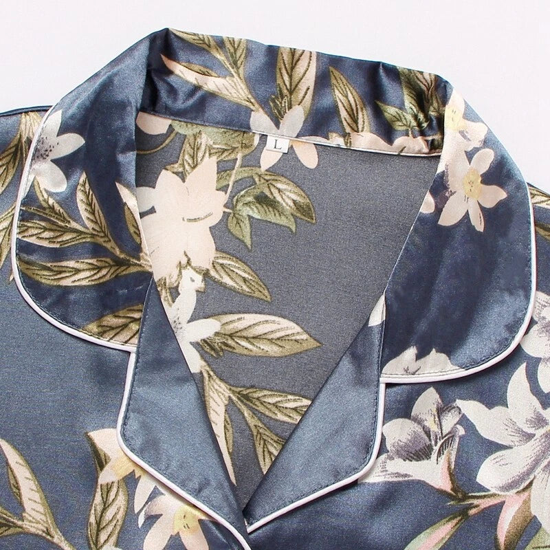 Women Silk Satin Pajamas Set Long Sleeve Button-Down Sleepwear Loungewear Charm